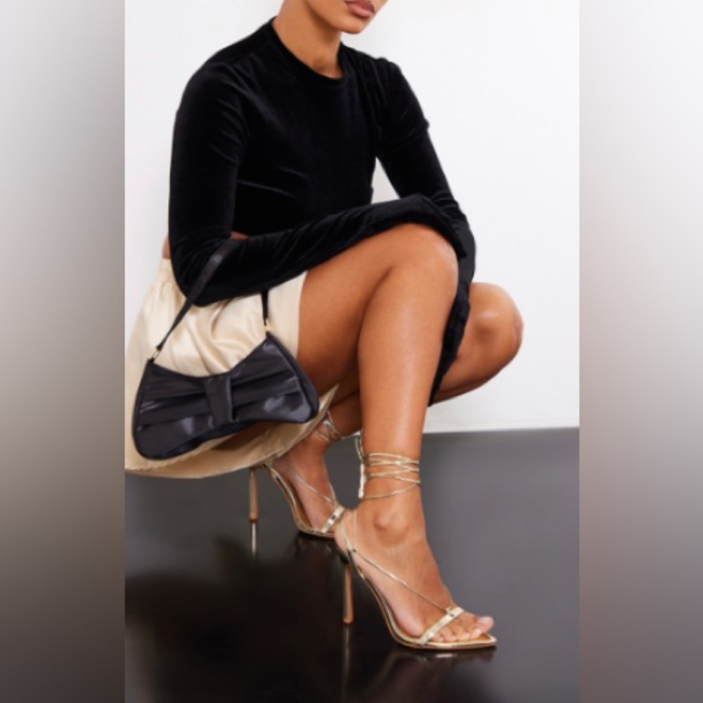 Gold Metallic Pu Point Toe Lace Up High Heeled Sandal